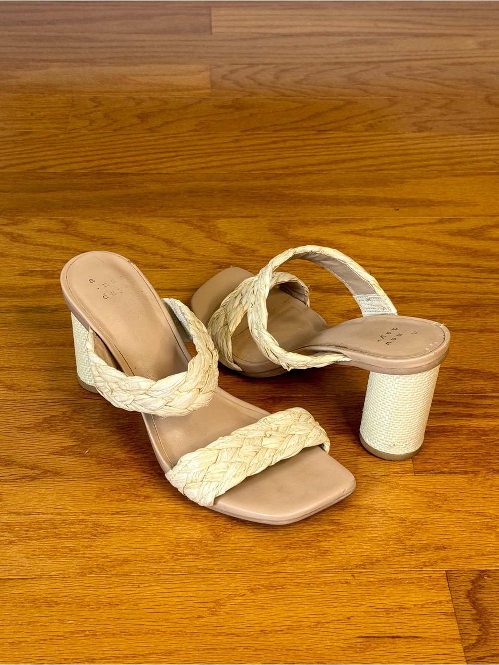 Woven Raffia Braided Block Heel Sandals Square Toe Mules Beige 6.5